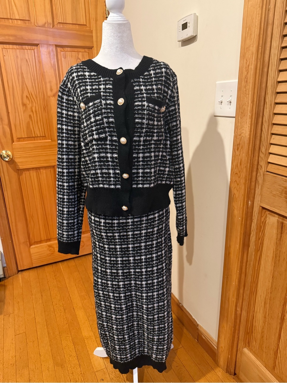 Black & White Tweed Knit Cardigan and Skirt Set - Women